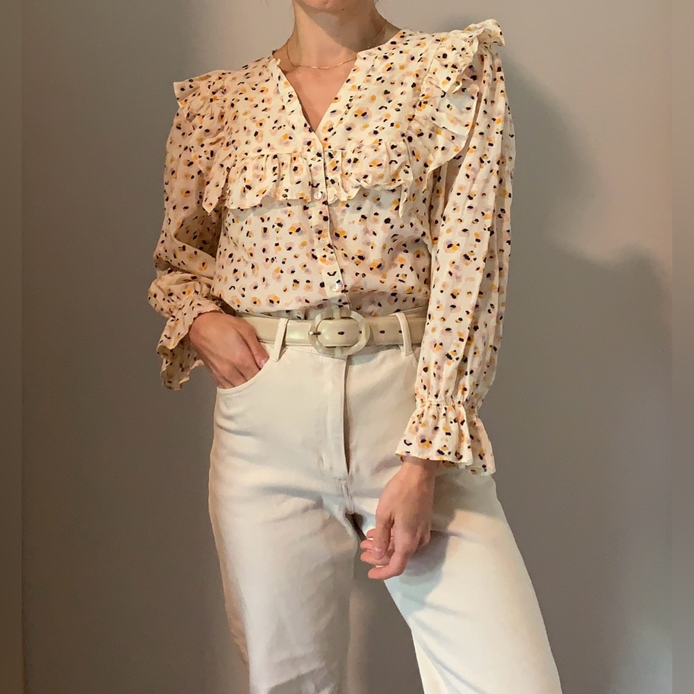 ba&sh Cream Ruffle Blouse with abstract Print